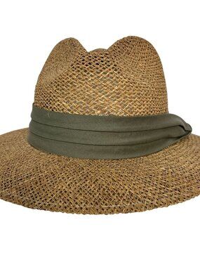 Summer Club Straw Sun Hat L XL Wide Brim Fedora Boho Beach Olive Band Festival